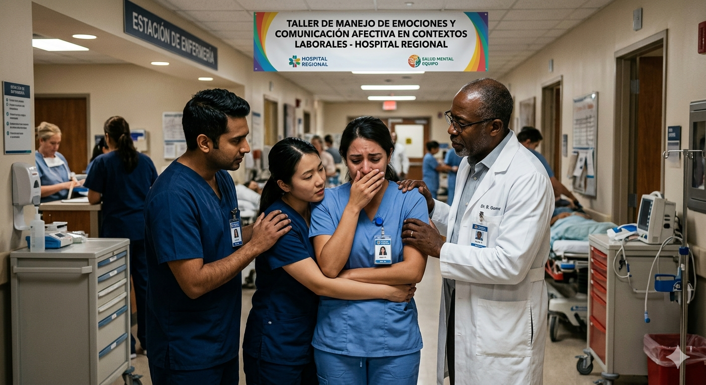 Un grupo de profesionales del área de la salud apoyan a una compañera que se encuentra afectada emocionalmente.